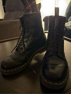 Dr. Martens Black Leather 8-Eye Lace-Up Combat Boots with Yellow Stitching